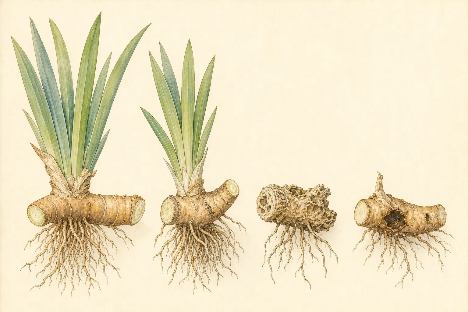 Firm rooted bearded iris rhizomes with leaf fans are compared with a leafless spongy center and a dark damaged rhizome
