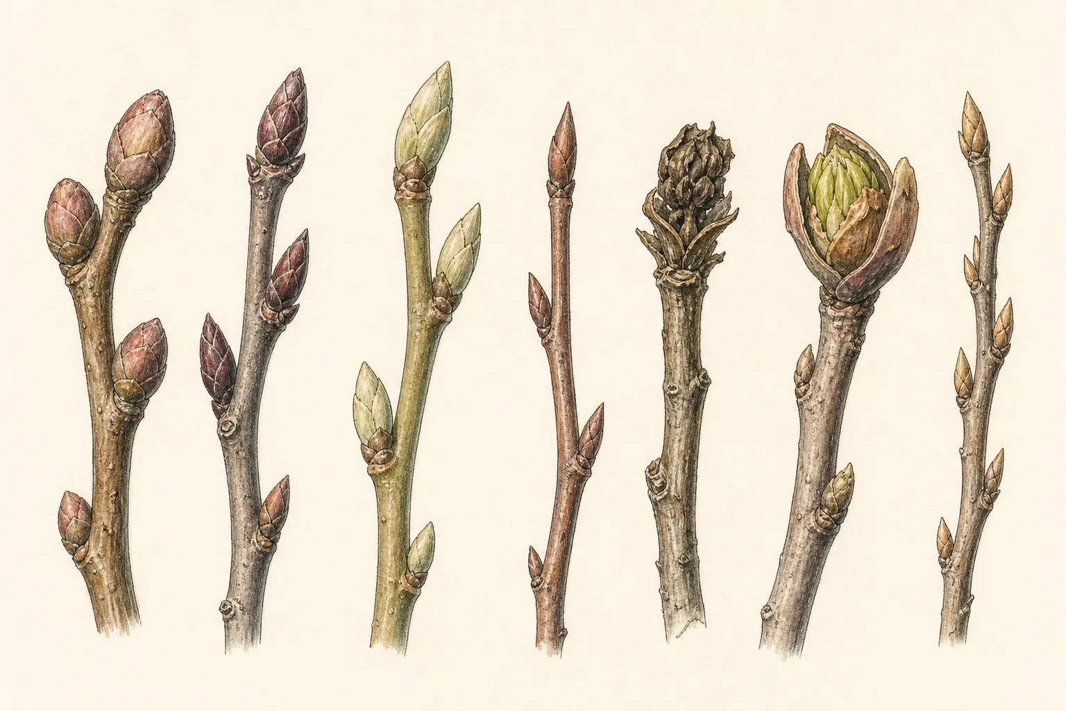 Dormant ornamental shrub twigs with plump flower buds, slender leaf buds, dead buds, and opened buds showing live or brown tissue