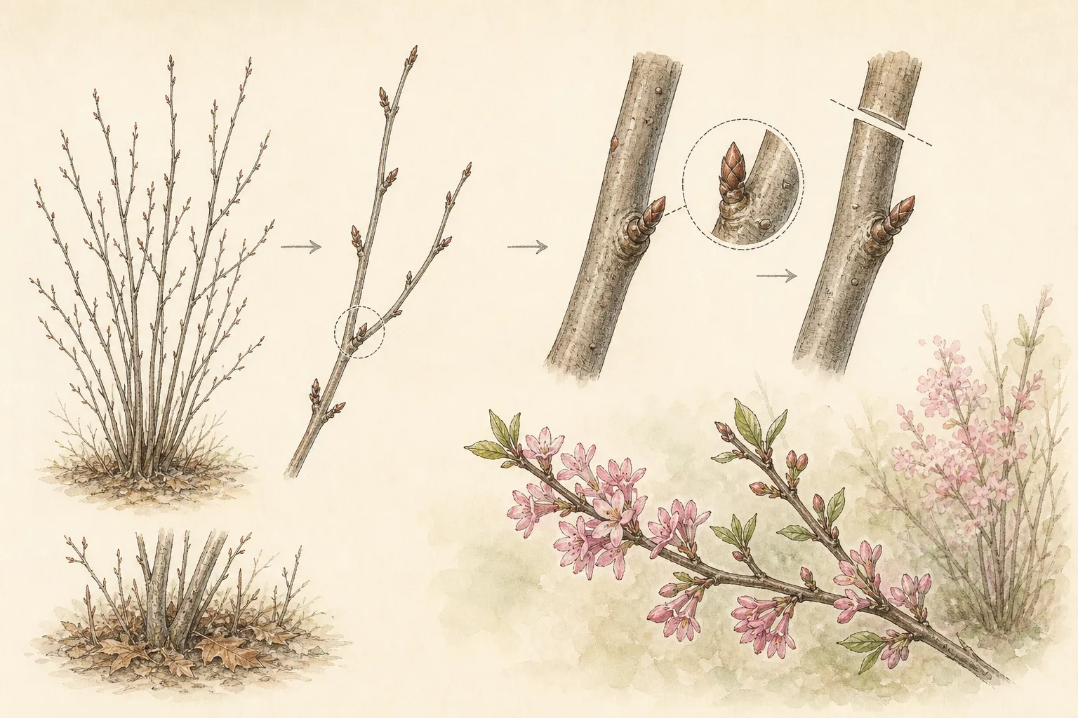 Sequence showing branch observation, selection of a live outward bud, a clean cut above it, and a budded spring-flowering branch left intact
