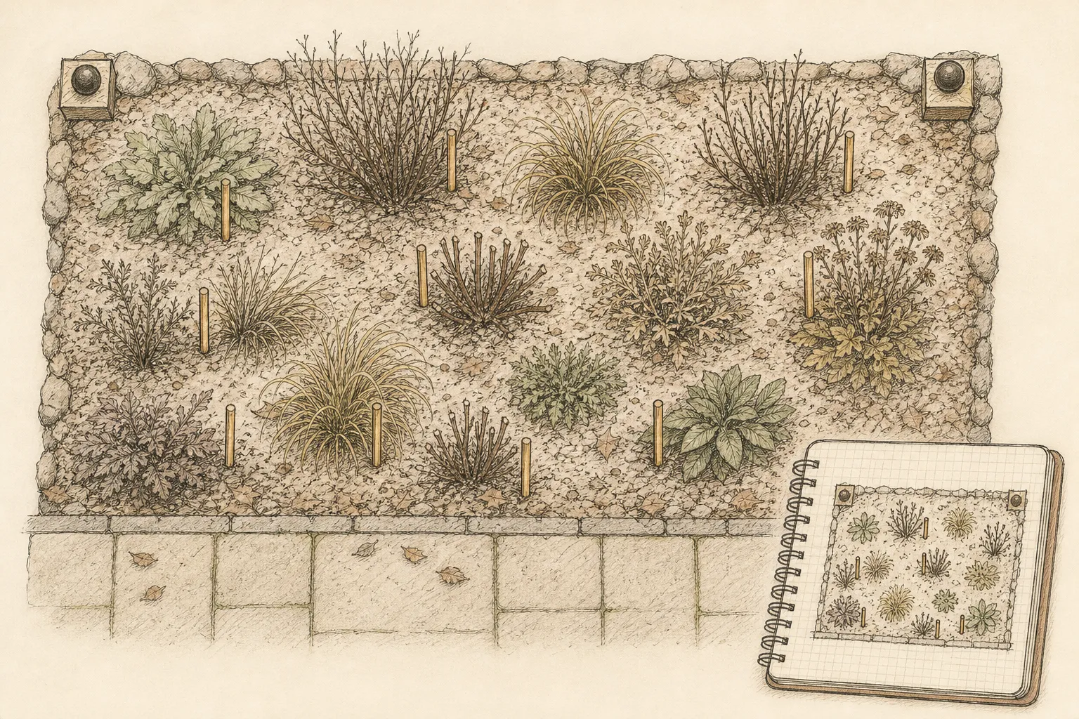 Overhead perennial bed with markers beside dormant crowns, fixed corner references, path edge, and matching notebook plan