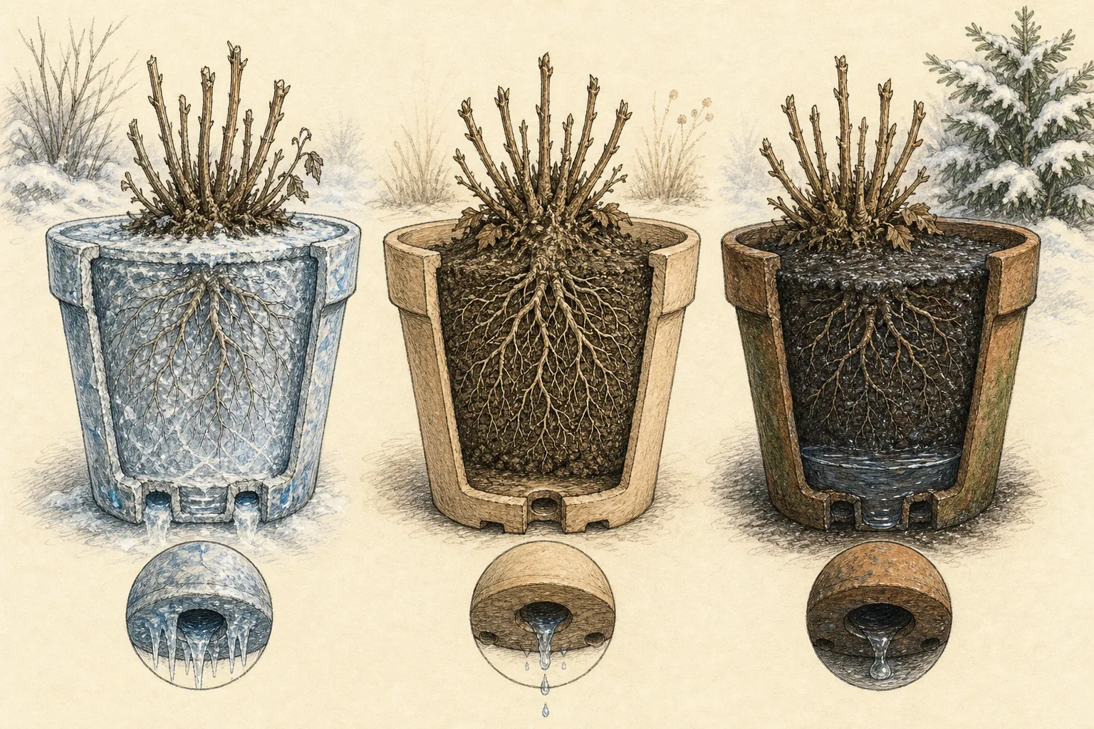 Decision sequence showing a frozen pot that should not be watered, a thawed dry root ball that needs careful watering and drainage, and a cold heavy wet pot that should be left alone