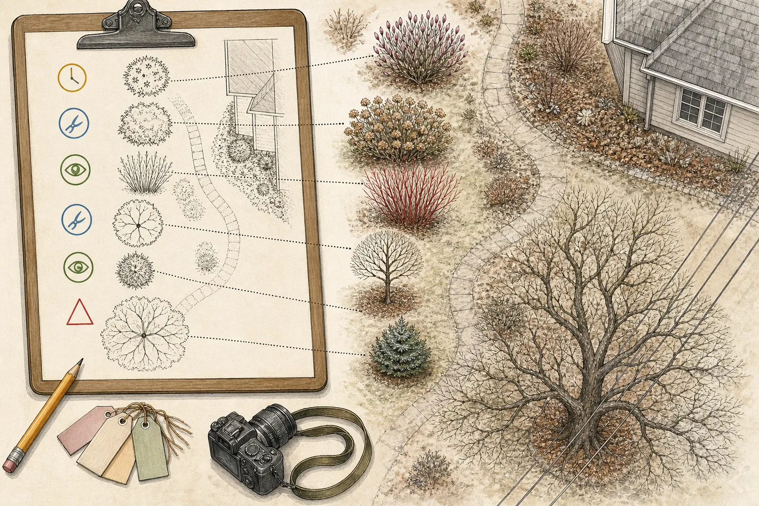 Overhead winter garden linked to a clipboard plan with symbols for defer, observe, selective hand pruning, and professional assessment across six woody ornamentals