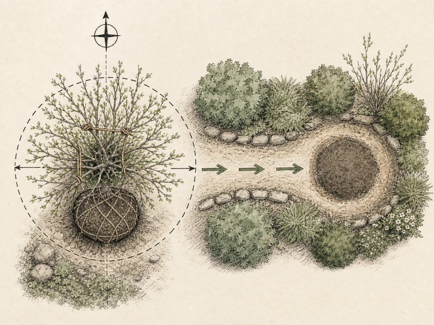 Overhead plan mapping the original shrub, destination hole, carrying route, utilities and mature canopy clearance