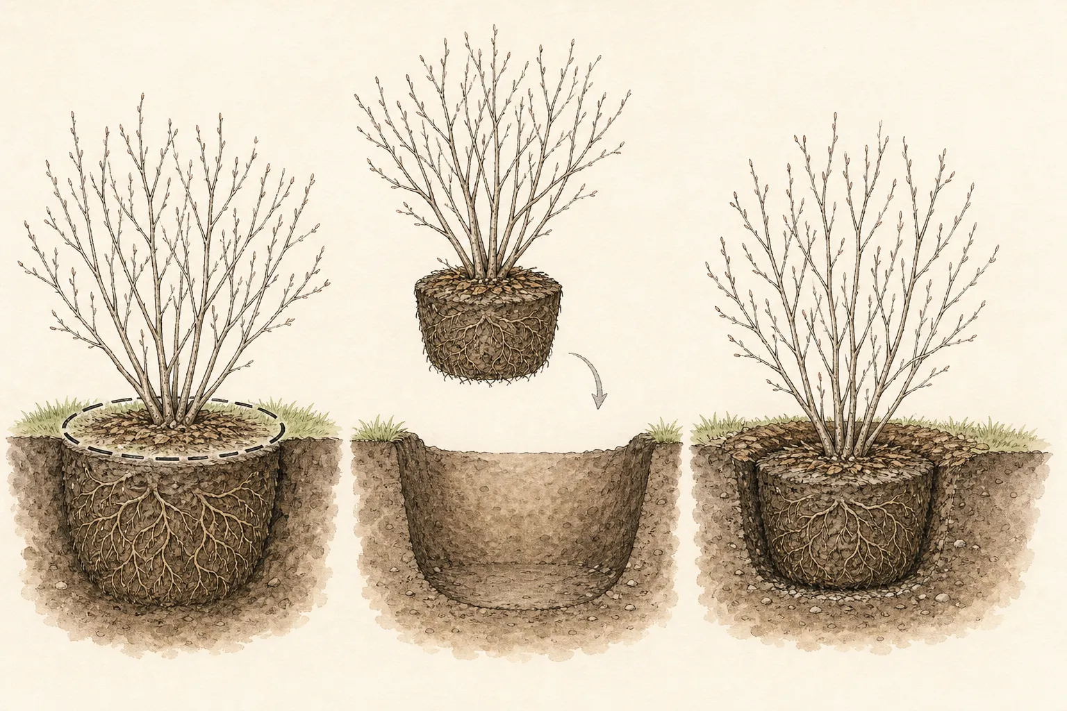 Botanical sequence showing a dormant shrub tied, root-pruned, lifted with a supported root ball, and reset at grade