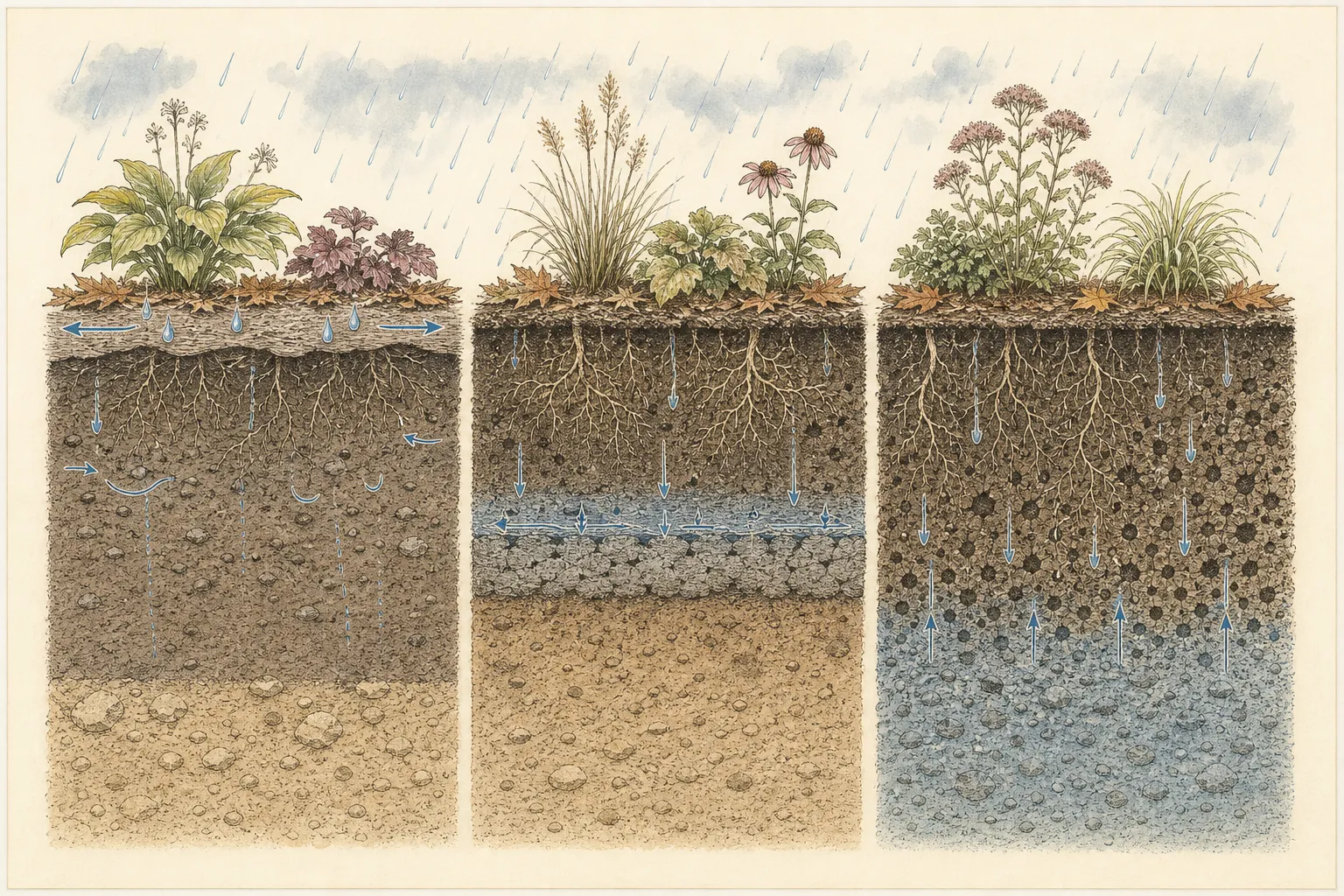 Three ornamental-bed soil cutaways showing runoff over a sealed surface, perched water above a compacted layer, and saturation rising from a deeper water table