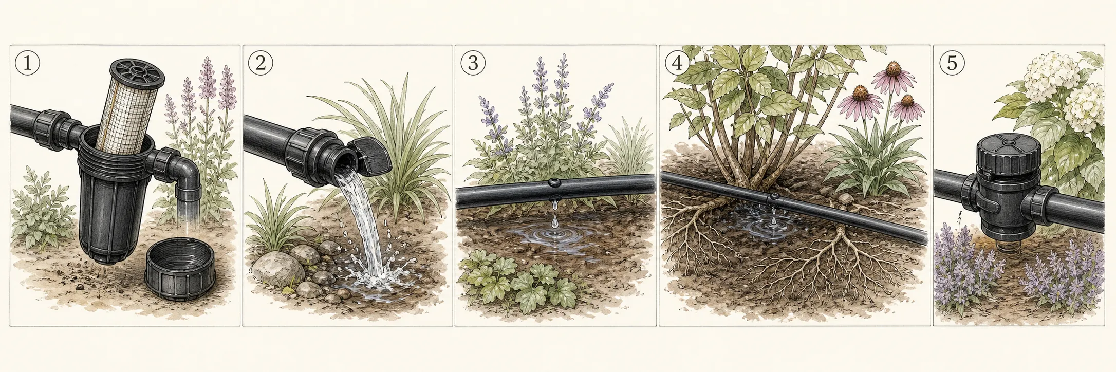 Five-step sequence showing filter cleaning, open-end flushing, emitter inspection, root-zone testing and system closure
