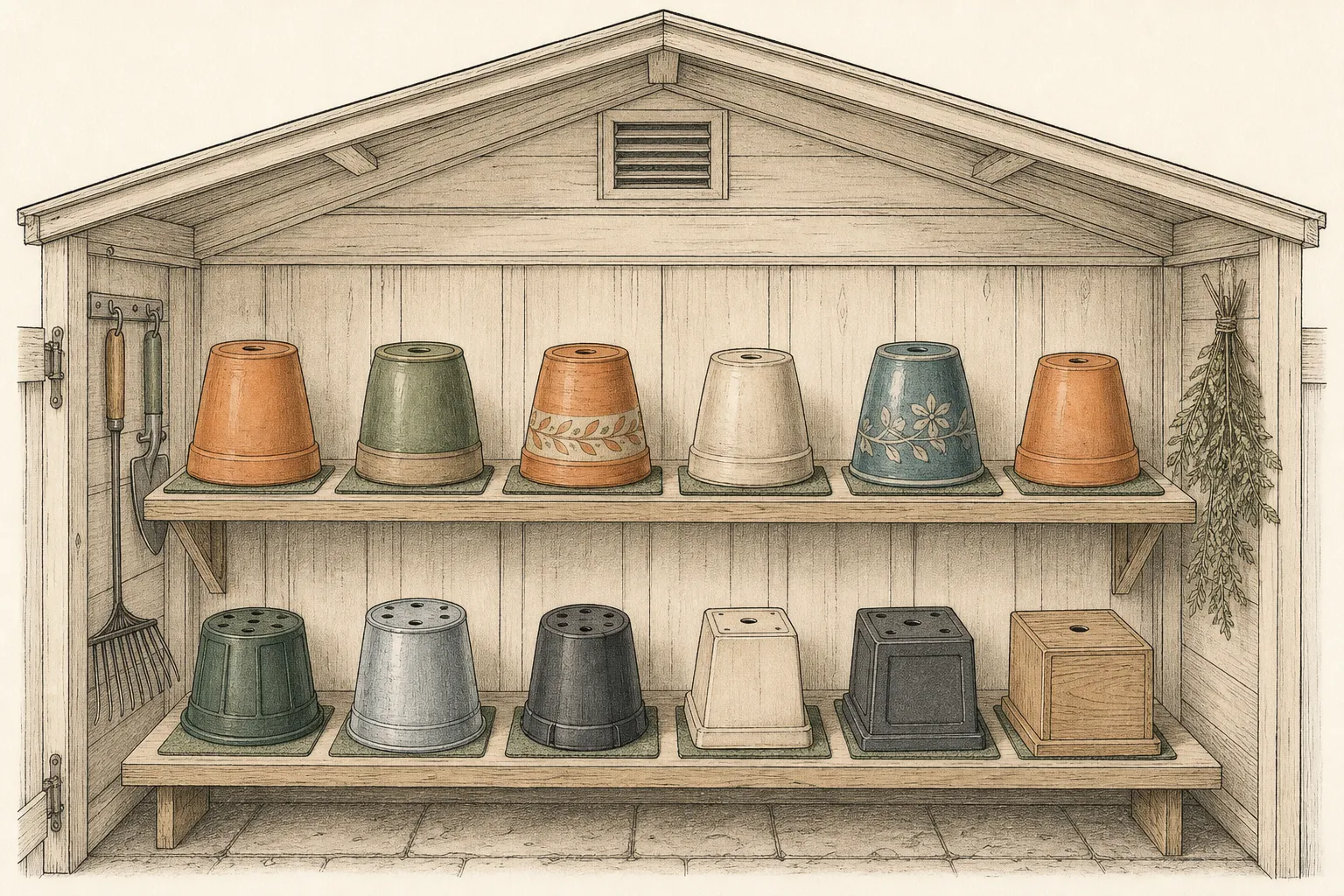 Sheltered winter storage shelf holding separate dry terracotta, glazed ceramic, and lightweight garden pots with clear air gaps