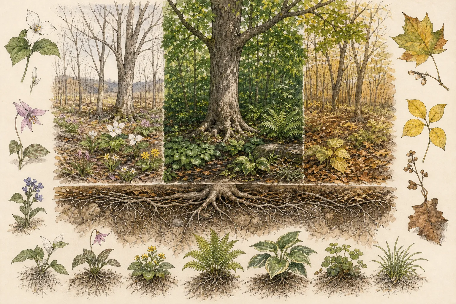 The same tree understory is compared in spring light, summer canopy shade, and dry late-season conditions with resilient foliage layers