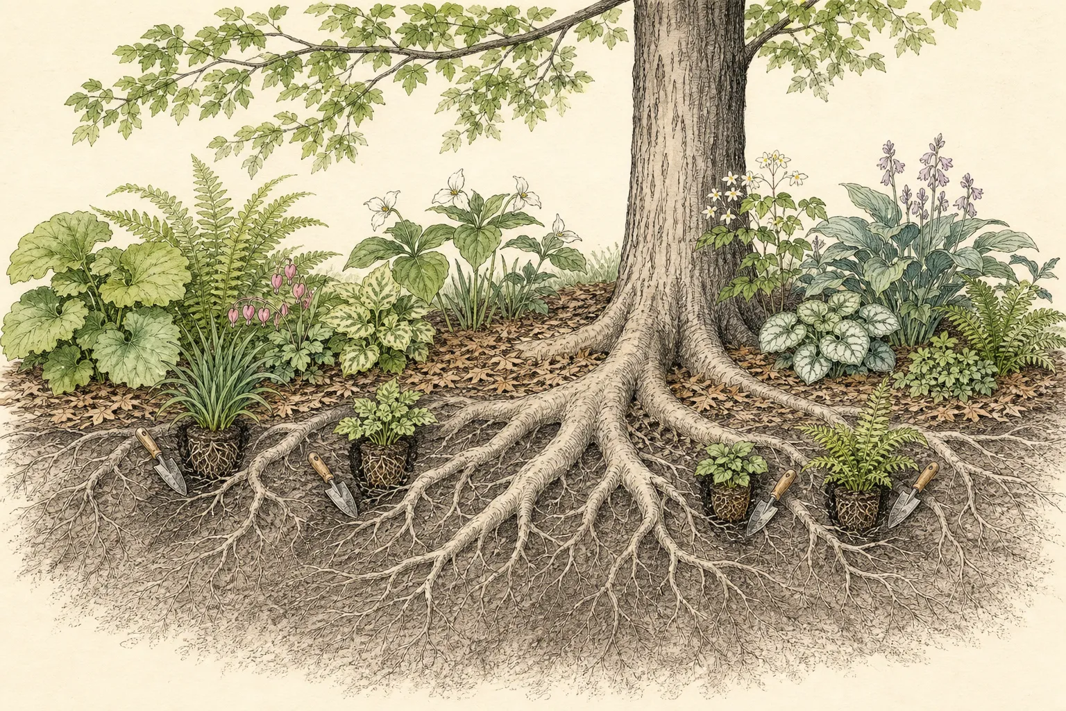 A mature tree root flare remains exposed while small shade plants are installed in pockets between visible roots with hand tools
