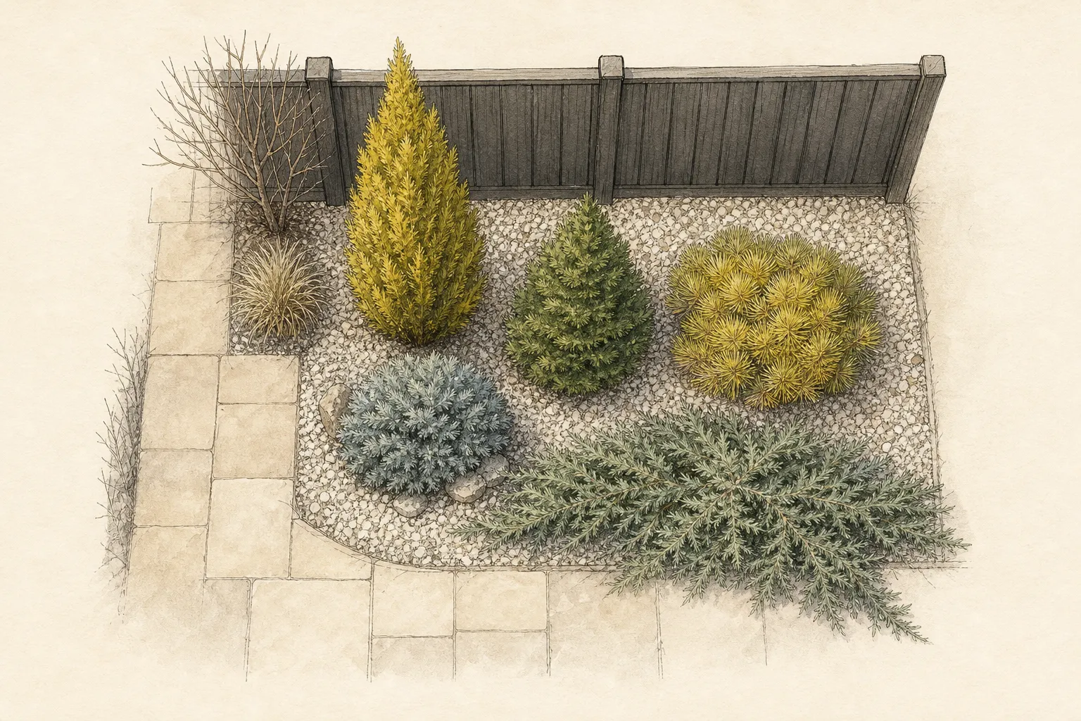 Measured plan of a small winter garden showing mature outlines for dwarf conifers, path clearance, gravel ground plane, and the main winter viewpoint