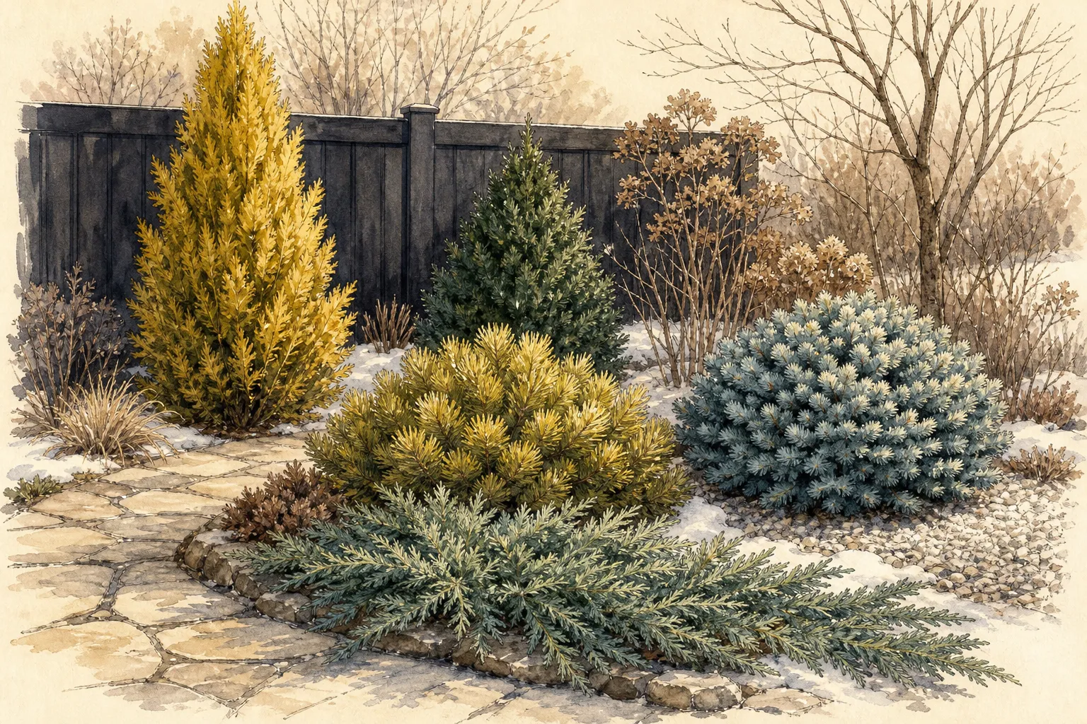 Winter garden scene with a golden upright conifer, a yellow-tinted low pine, a blue-green mound against pale gravel, and a spreading juniper along a small path