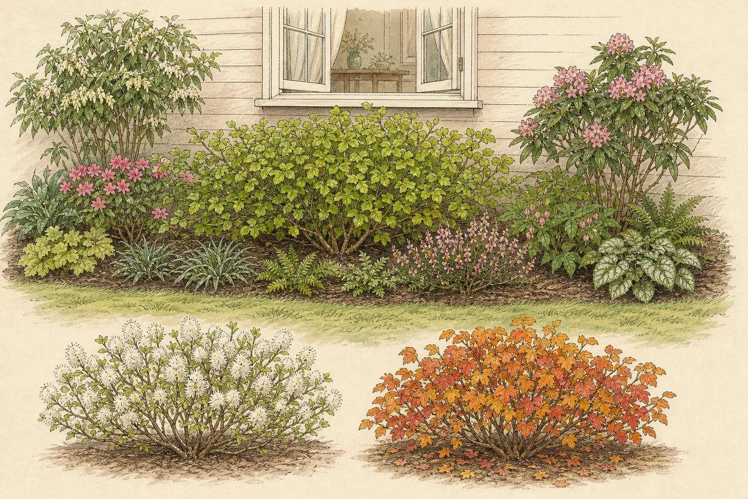 Garden placement study showing mature Dwarf Fothergilla in an ornamental planting