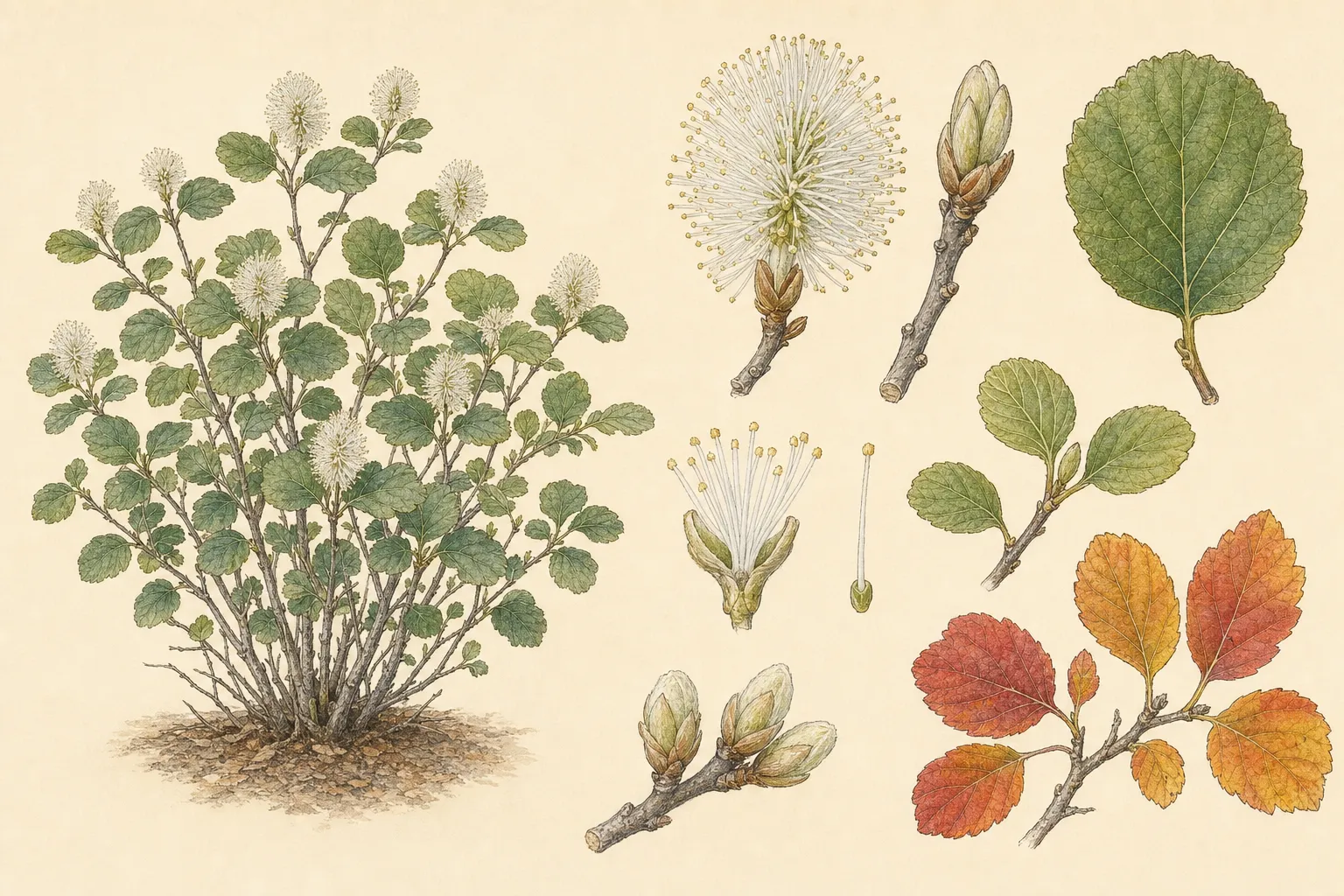Botanical identification plate of Dwarf Fothergilla, Fothergilla gardenii