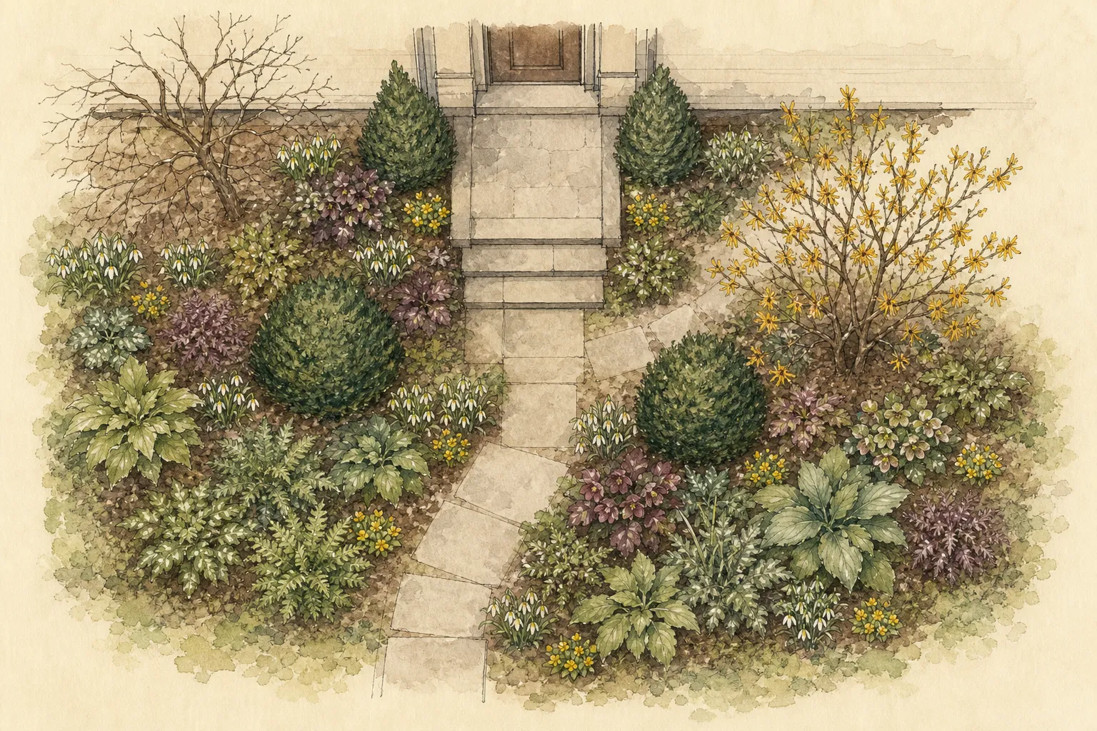Overhead plan of an early-spring entry garden showing door swing, landing, clear path, flowering shrub, bulb pockets, drain, lighting, and mature plant outlines