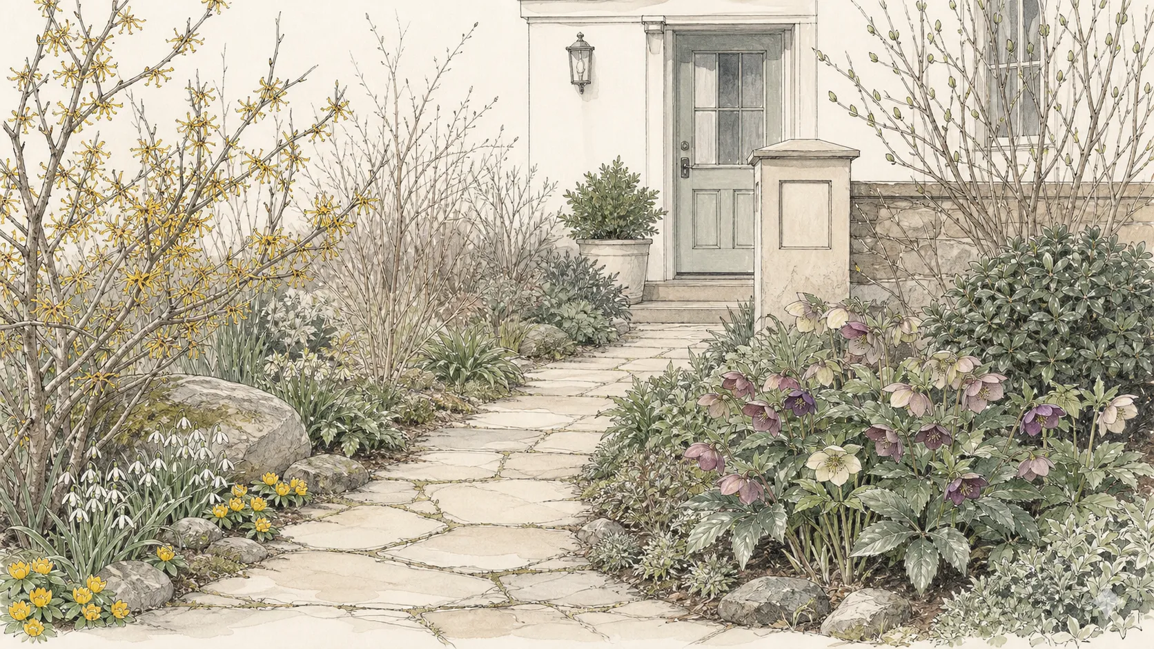 Eye-level early-spring entrance with paperbush, snowdrops, winter aconite, hellebores, evergreen structure, and clear paving
