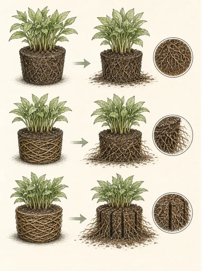 Three perennial root balls show an intact fibrous edge, a few redirectable circling roots, and a dense matted root shell