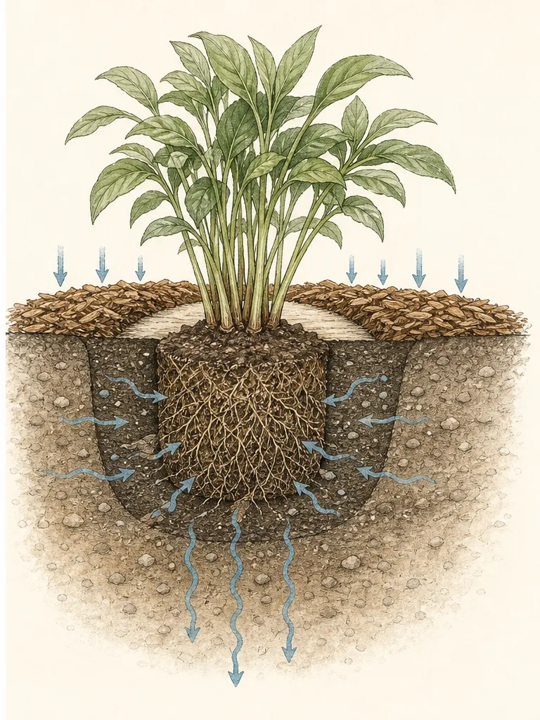 Soil cutaways compare a dry nursery root ball, an evenly moist root-ball-to-soil interface, and a saturated planting pocket