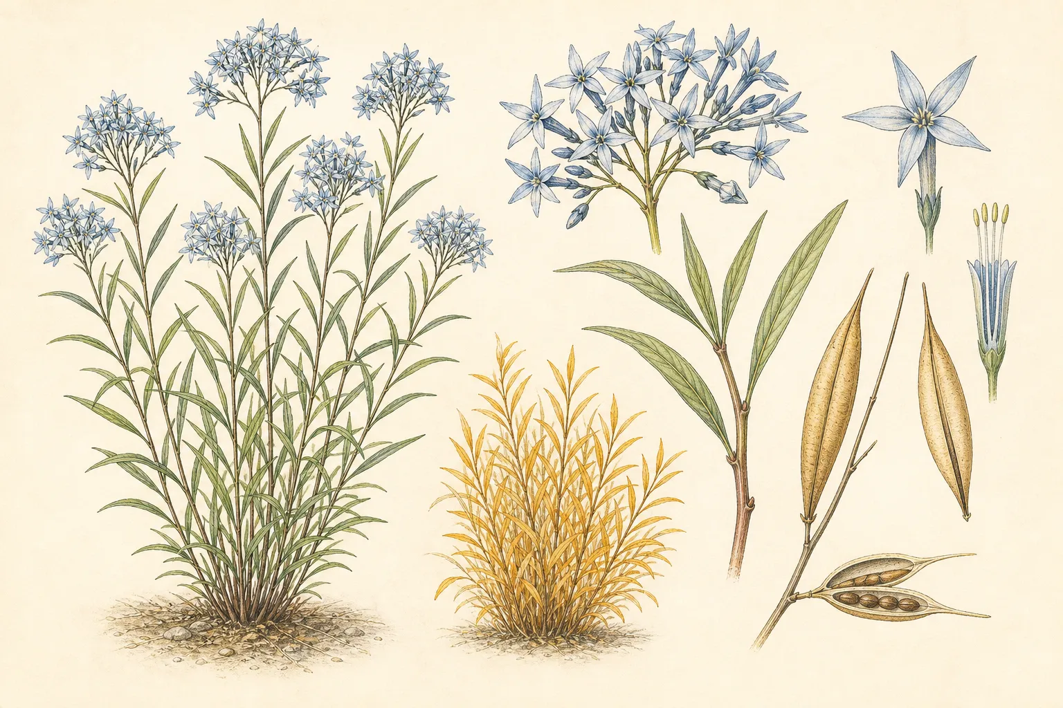 Botanical identification plate of Eastern Bluestar, Amsonia tabernaemontana