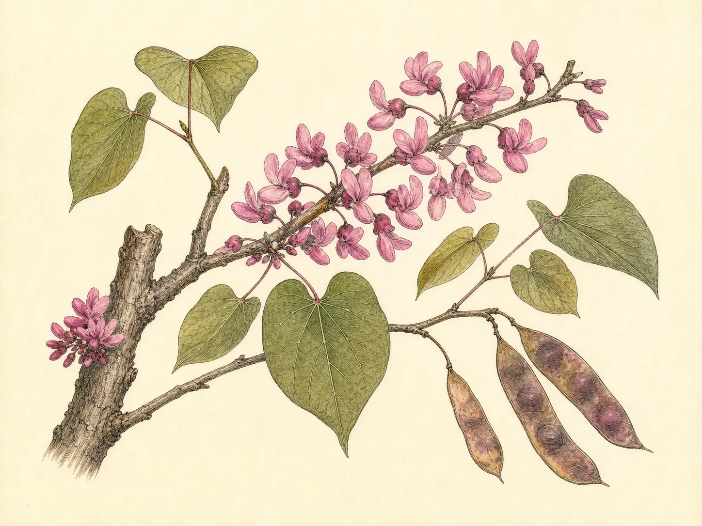 Botanical identification plate of eastern redbud with flowering branch, heart-shaped leaf, pea-like flower, pod and branching silhouette