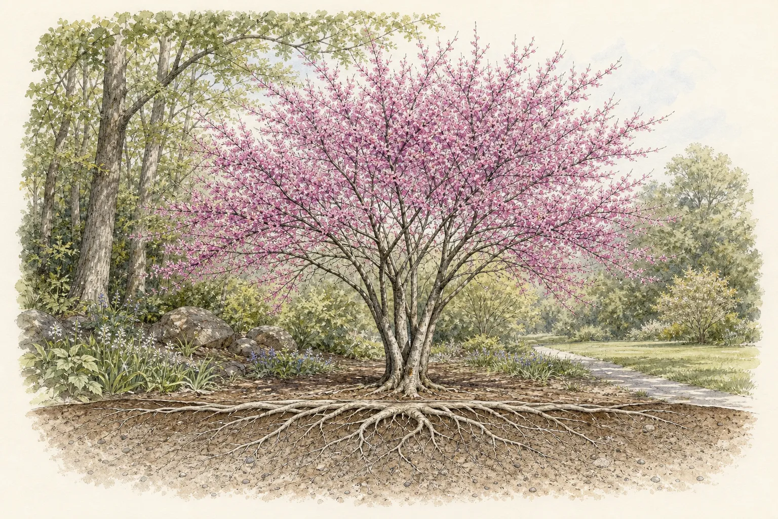 Garden section showing an eastern redbud placed at a woodland edge with mature canopy clearance, visible root flare and open drainage