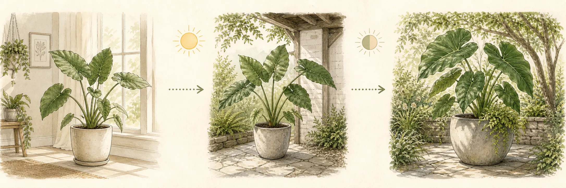 Three linked scenes moving a potted elephant ear from bright indoor light to outdoor shade and then a sheltered ornamental patio