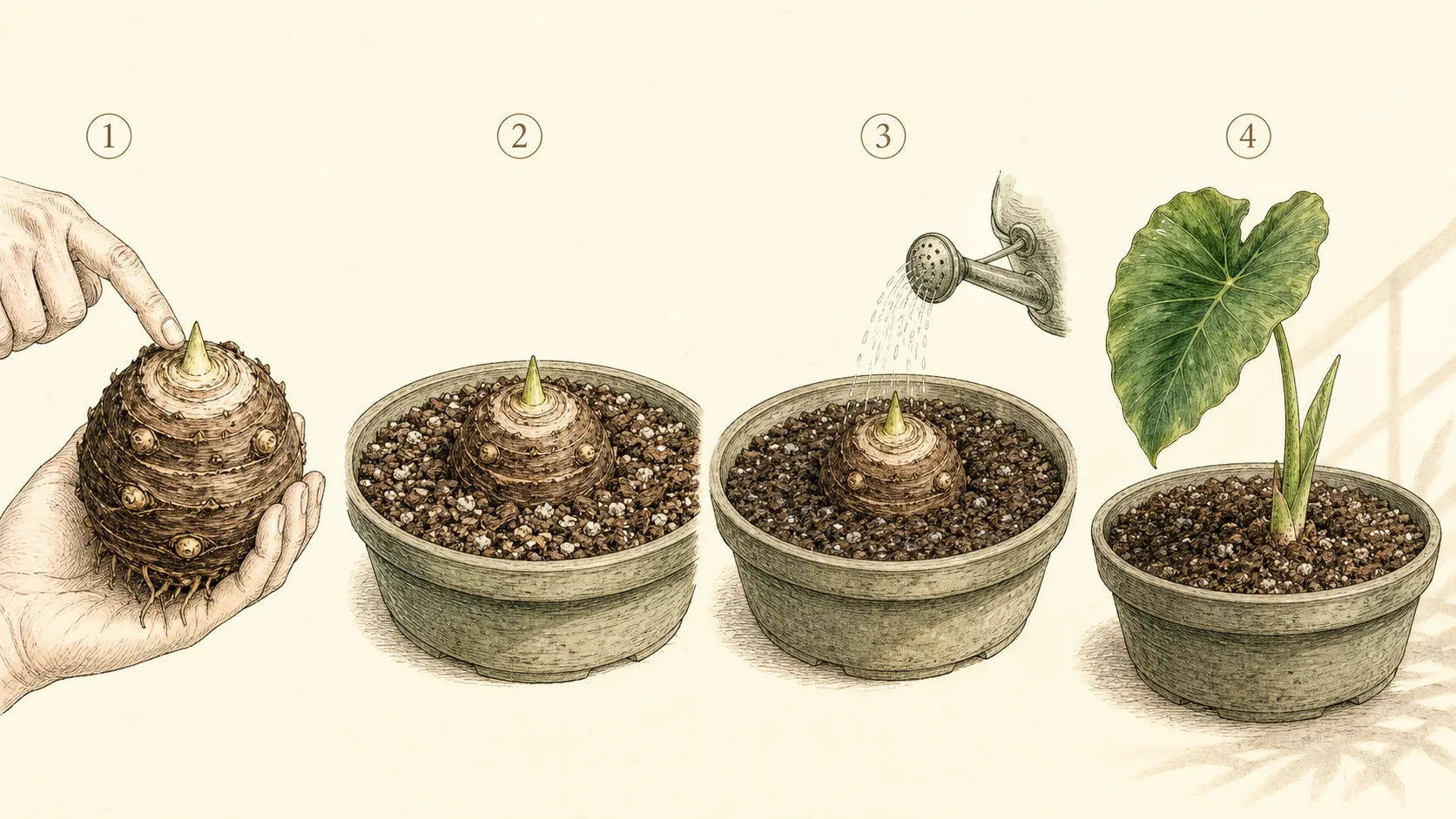 Four-stage botanical sequence showing an elephant-ear corm inspected, set shallowly, watered lightly and producing its first large leaf