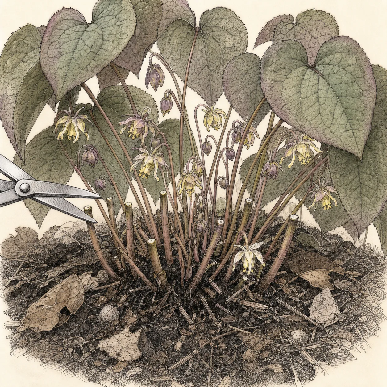 Close botanical detail showing old epimedium petioles cut above the crown while new flower and leaf shoots remain untouched