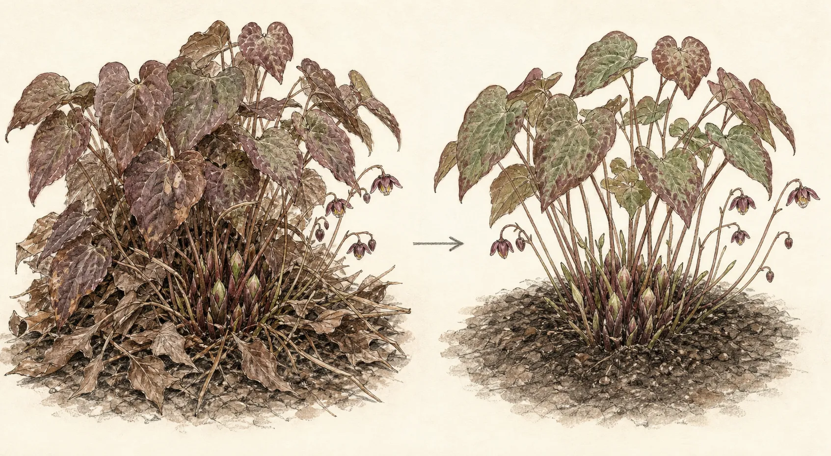 Before-and-after botanical comparison of weathered epimedium leaves and newly revealed flower stems above an intact crown