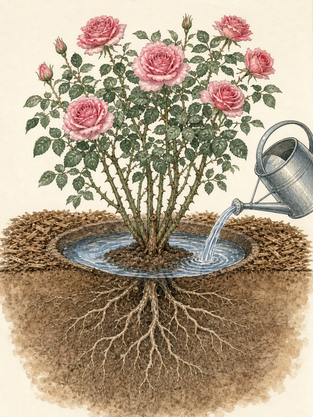 Established rose receiving a slow soil-level watering across a broad mulched root zone