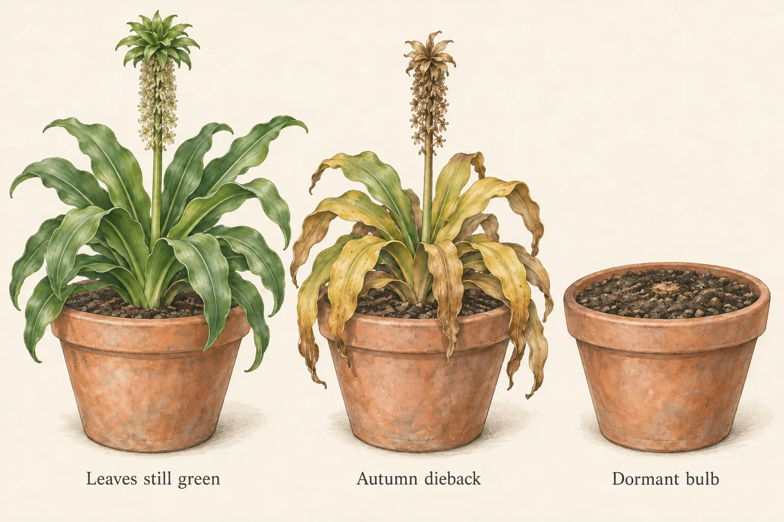 Three potted Eucomis plants with green leaves, naturally yellowing autumn leaves, and a leafless dormant pot