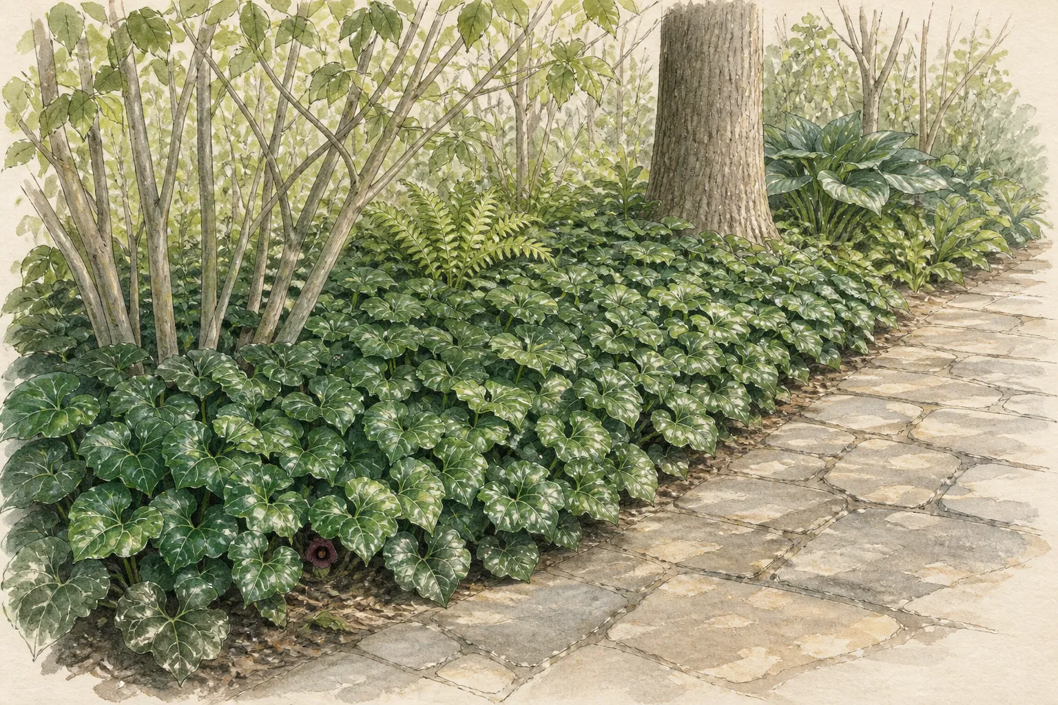 Garden study showing the placement and growth habit of European Wild Ginger