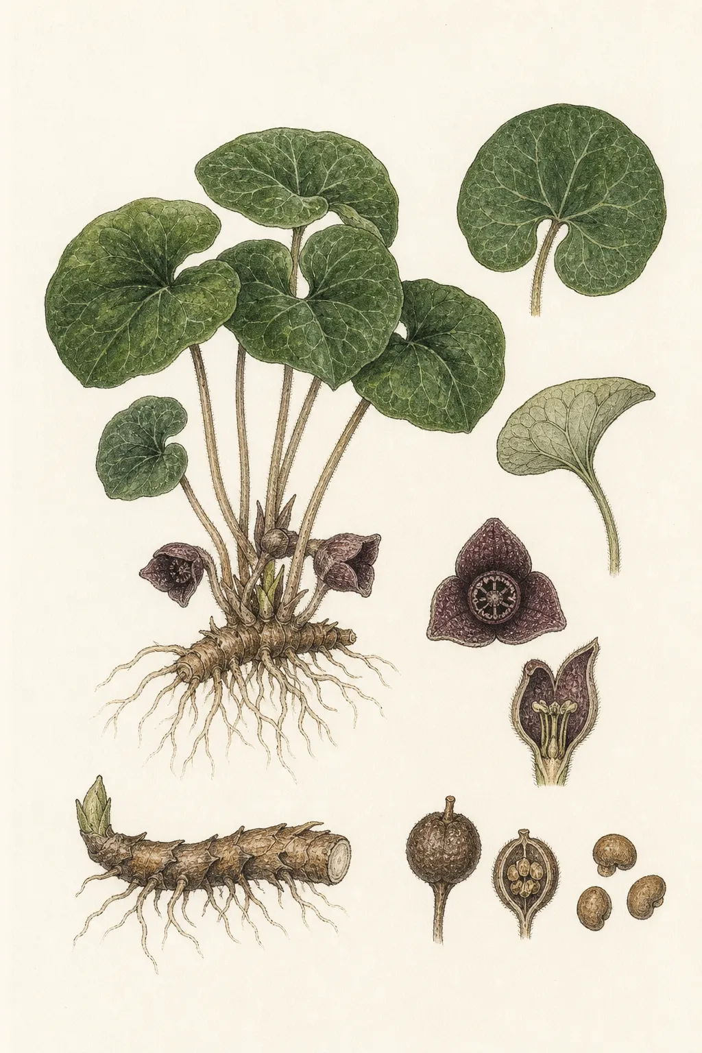 Botanical identification plate of European Wild Ginger, Asarum europaeum