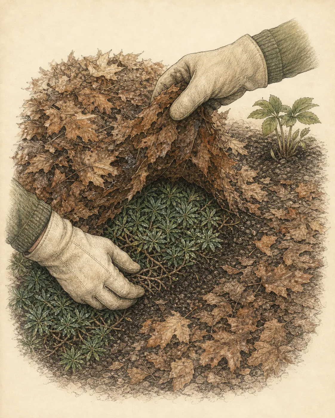 Hands lifting a cohesive layer of wet leaves from creeping phlox while leaving loose dry leaves on adjacent open soil