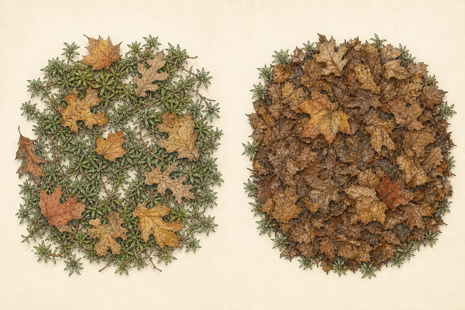 Overhead comparison of scattered leaves among visible creeping phlox and a dense wet leaf mat hiding the evergreen foliage