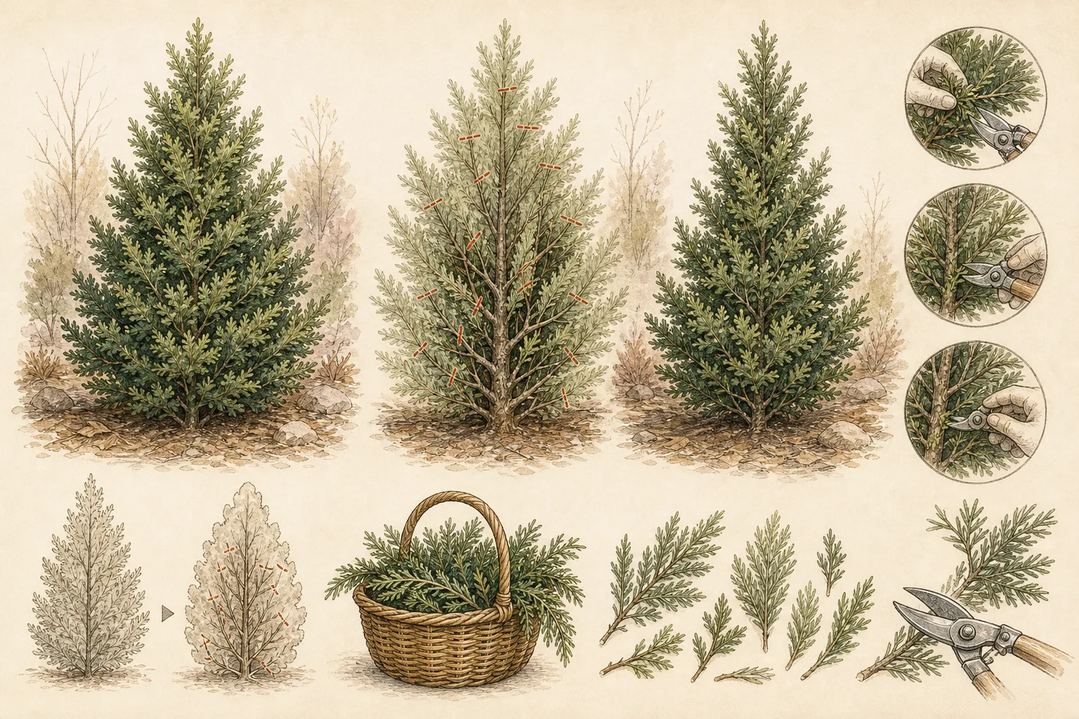 Diagram of an evergreen shrub showing hidden distributed bough cuts, visible no-cut faces, and a balanced silhouette after harvesting