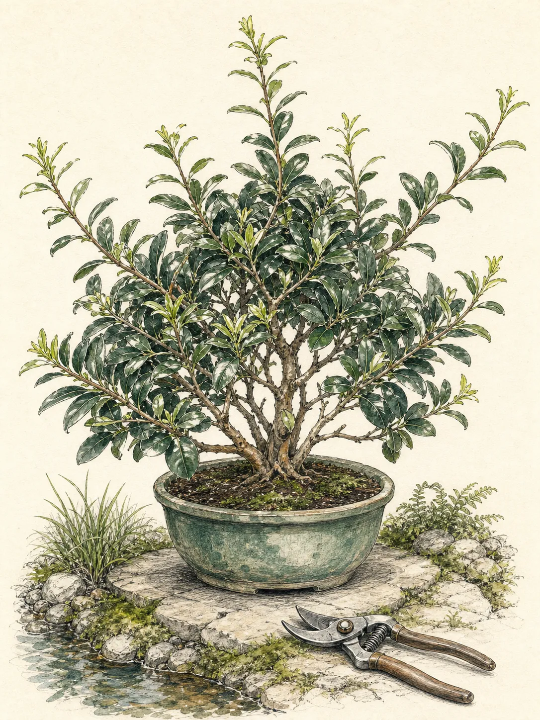 Broadleaf evergreen shrub with a few long shoots and bypass pruners positioned near internal branch junctions
