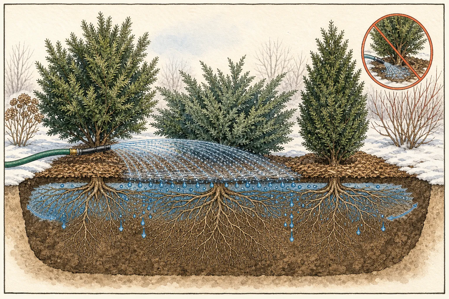 Evergreen shrubs in cross-section with water applied slowly across the dripline and feeder roots, showing moisture moving through the upper root zone instead of pooling only at the trunk