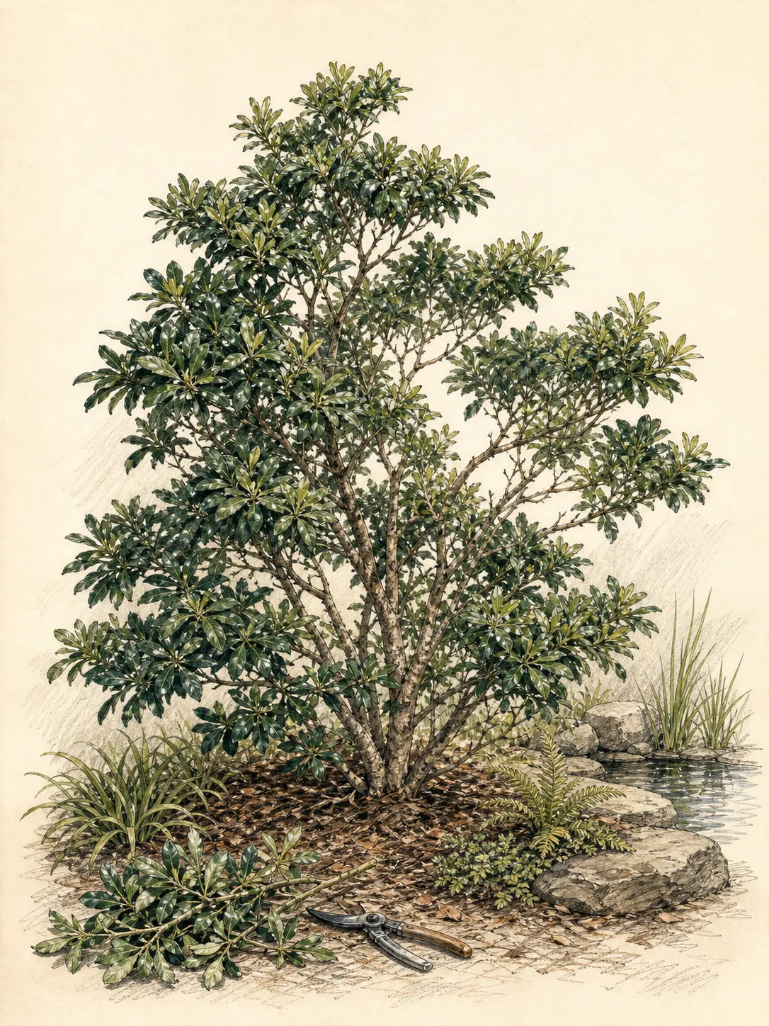 Naturally shaped broadleaf evergreen after selective branch removal, with light entering the layered canopy