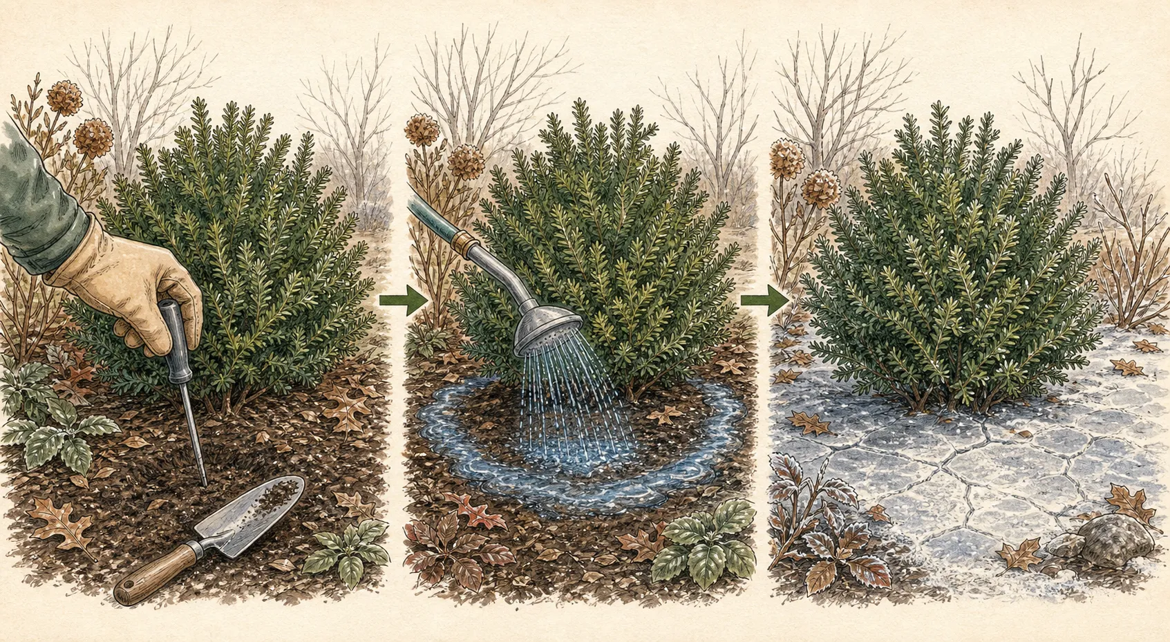 Three-stage winter watering sequence showing a soil probe check, a slow soak around an evergreen shrub, and the stop point once the soil surface is frozen