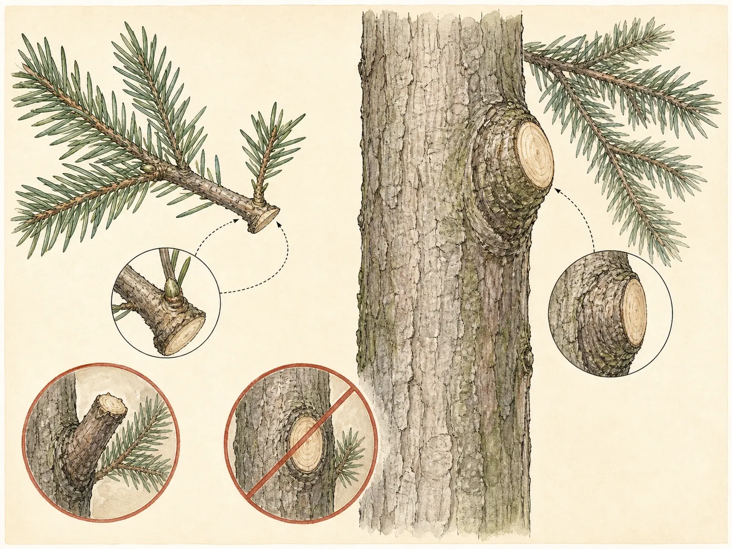 Comparison plate showing a regenerative cut above a node on a retained evergreen branch and a full branch removal cut just outside the branch collar