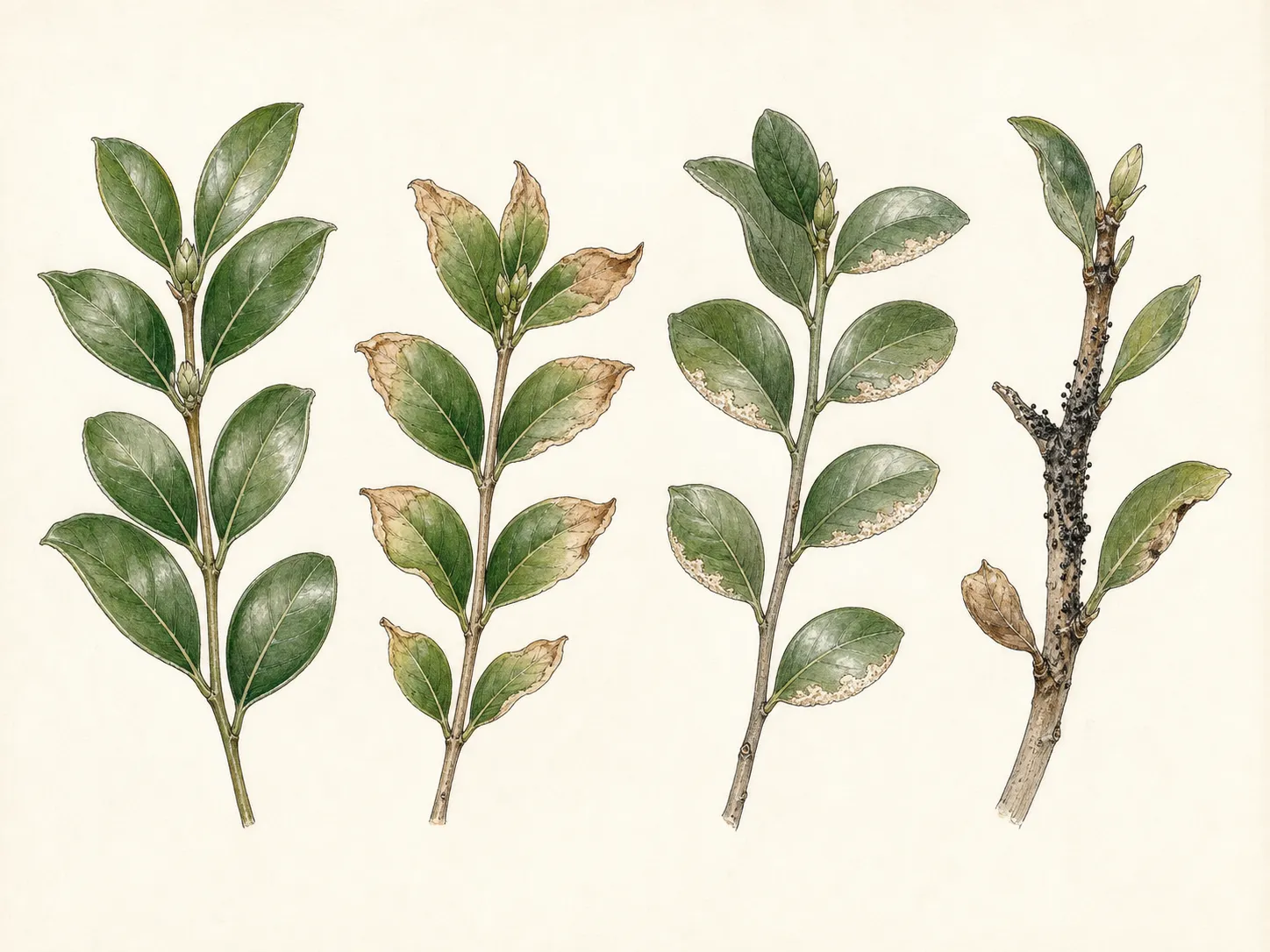 Botanical comparison of healthy evergreen foliage, winter-burned margins, salt-facing injury and a localized fungal twig lesion