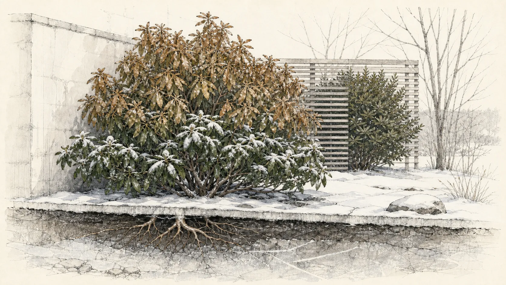Winter site section showing browned exposed evergreen foliage above snow and protected green branches behind a screen