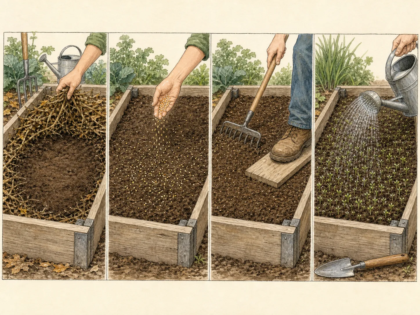 Four stages show clearing an open bed, broadcasting measured seed, lightly raking and firming it, and watering seedlings