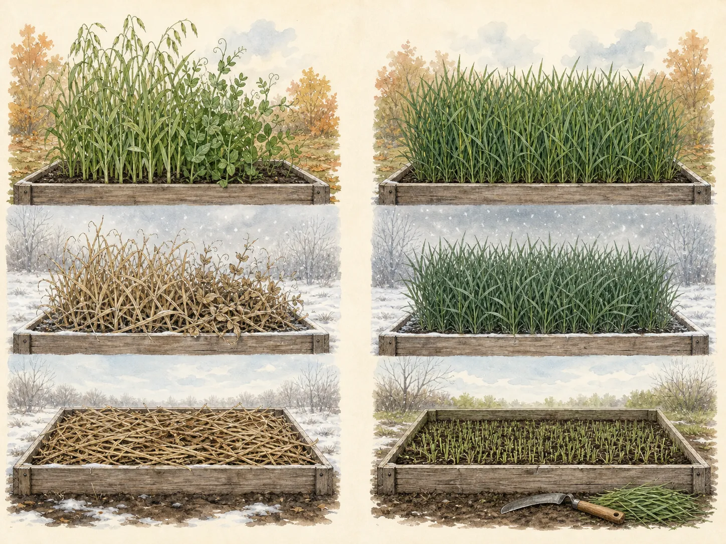 Oats and field peas turn to tan winter-killed residue while winter rye remains green and must be cut in spring