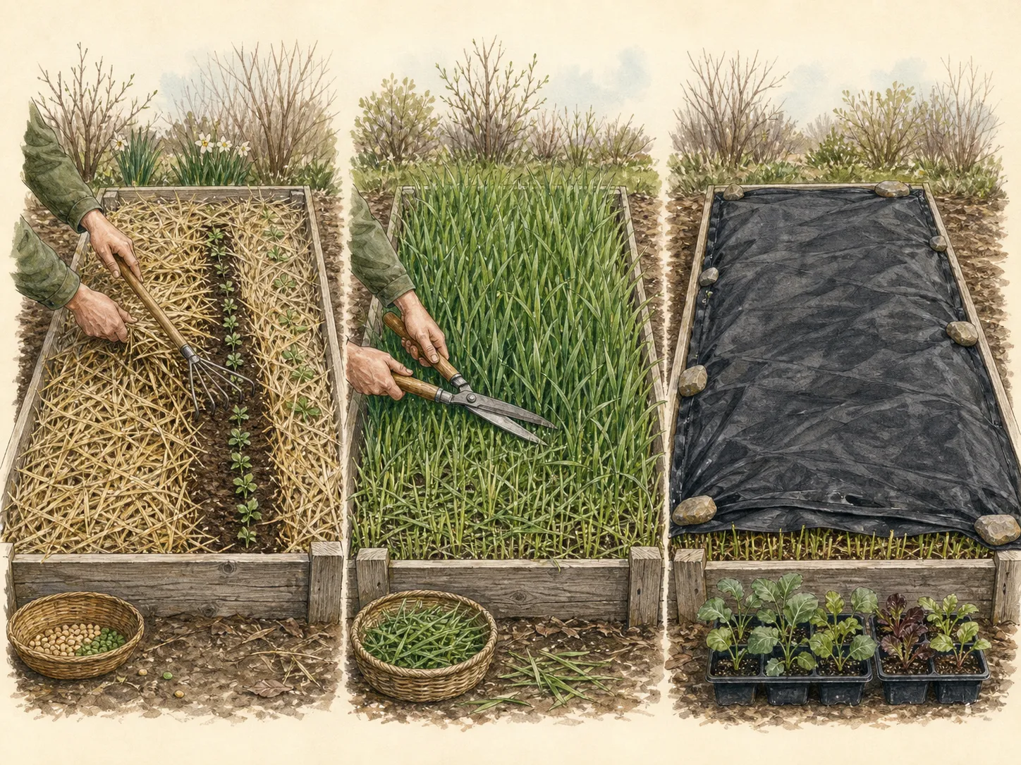 Spring beds show winter-killed residue raked aside, living rye cut near the soil, and cut stubble covered with an opaque tarp