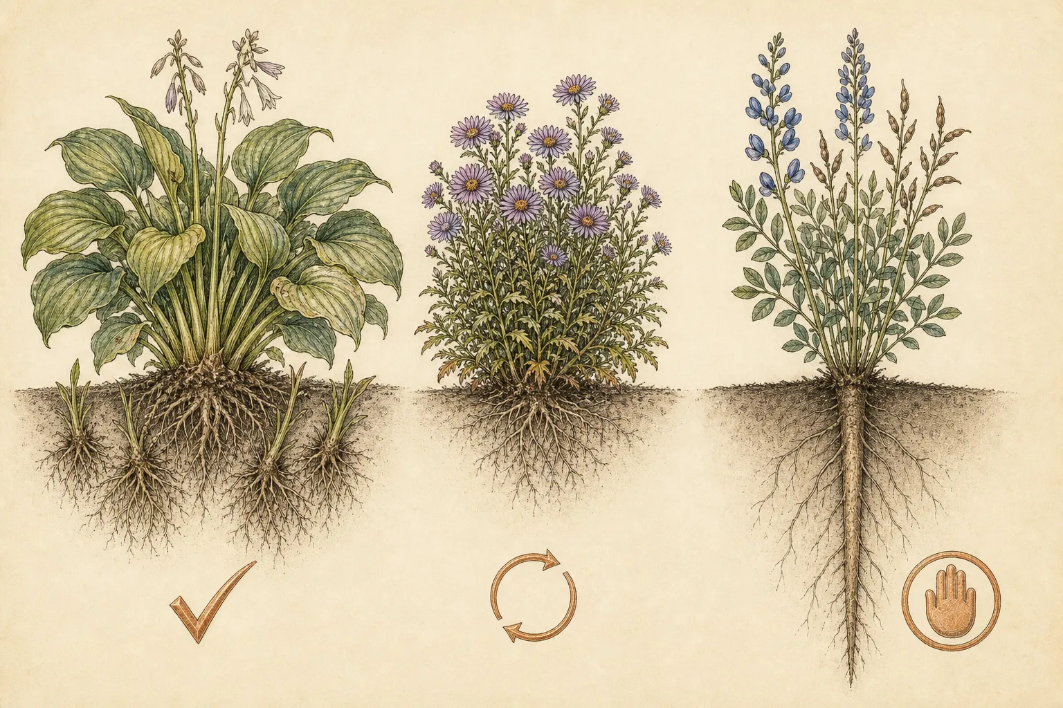 Hosta with fibrous divisions, blooming New England aster, and deep-rooted blue false indigo shown as fall divide, spring wait, and leave-undisturbed examples