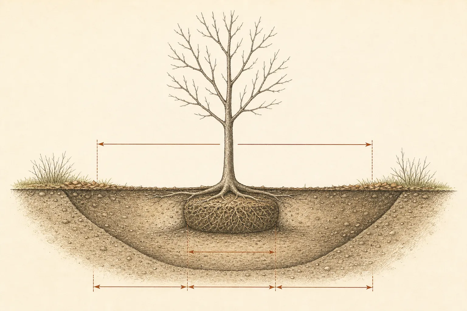 Cutaway drawing of a leafless ornamental tree showing the root flare above grade, upper structural roots, a shallow root ball, and a wide saucer-shaped hole