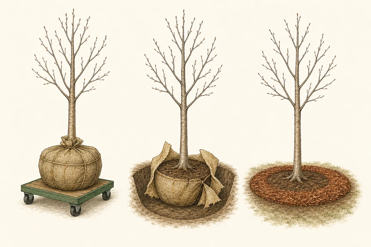 Three-stage drawing of a leafless ornamental tree being lowered by its root ball, checked against finished grade, and cleared of twine and upper wrapping