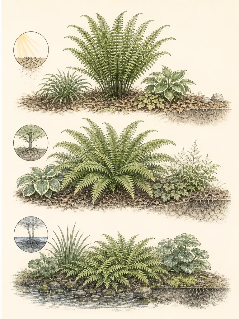 Four complete fern garden roles comparing a nonspreading evergreen vase, a deciduous arching clump, a moisture-loving crown, and a rhizomatous colony
