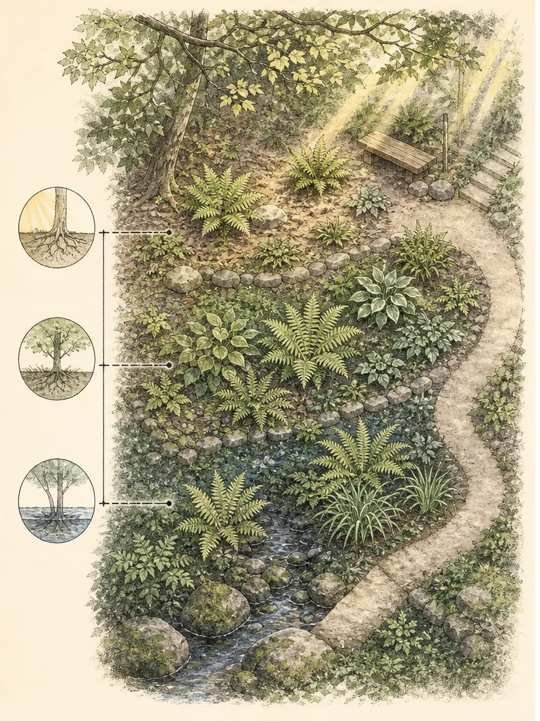 Overhead fern garden transect combining morning and afternoon light bands with dry, evenly moist, and wet soil observations